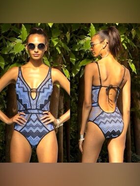 BECCA Blue and Black Lace-Pattern One-Piece Swimsuit